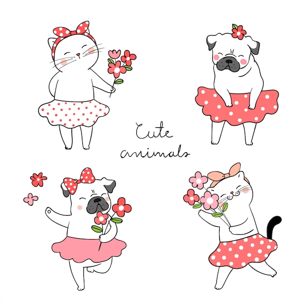 Draw cute cat and pug dog holding flower Spring concept.