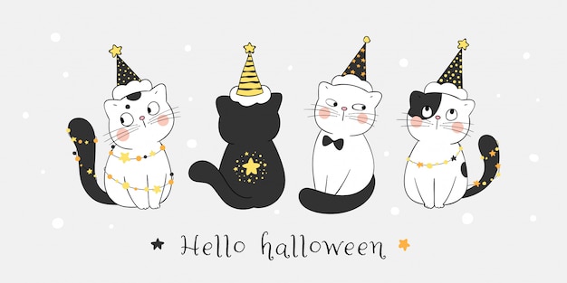 星の夜にかわいい猫が魔女の帽子をかぶって描く。ハロウィン用。