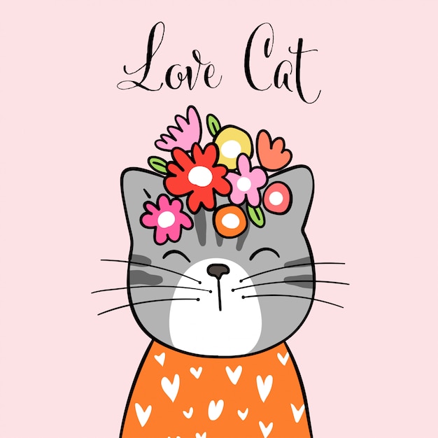 머리와 단어 사랑에 꽃과 함께 귀여운 고양이를 그립니다