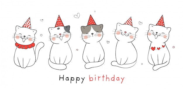 Draw cute cat with party hat for birthday.