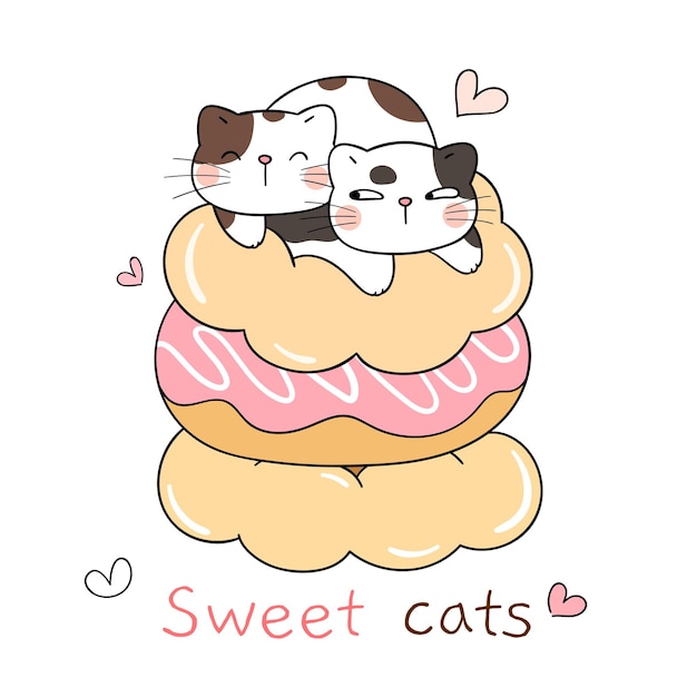 Draw cute cats with sweet donuts dessert concept