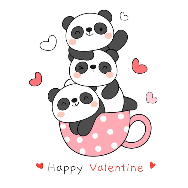 Нарисуйте милую панду в сладкой чашке на день святого валентина