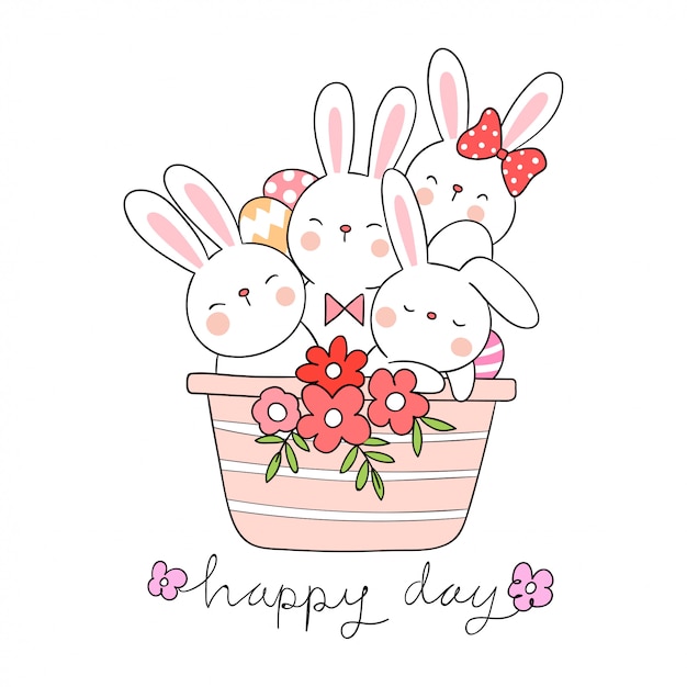 Draw cute rabbit in flowerpot Spring concept.