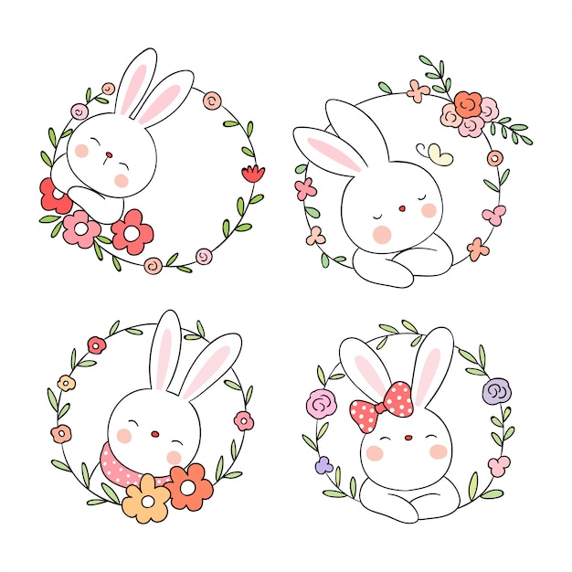 Premium Vector | Draw cute rabbit with beauty wreath flower Premium Vector | Draw cute rabbit with beauty wreath flower