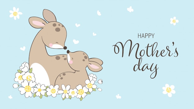 Vector draw deer and baby with beauty flower for mother's day.