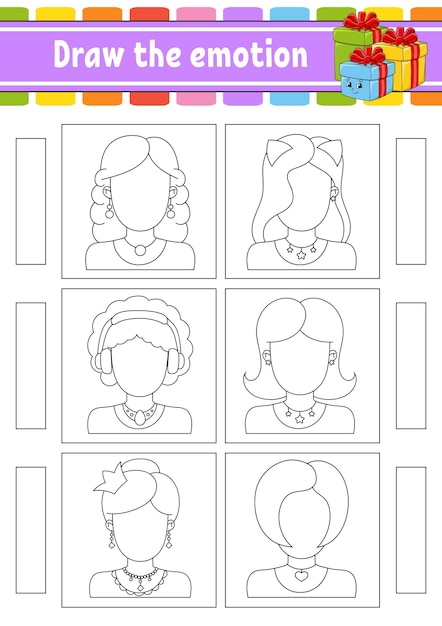 Draw the emotion worksheet complete the face coloring book for kids cheerful character black contour silhouette