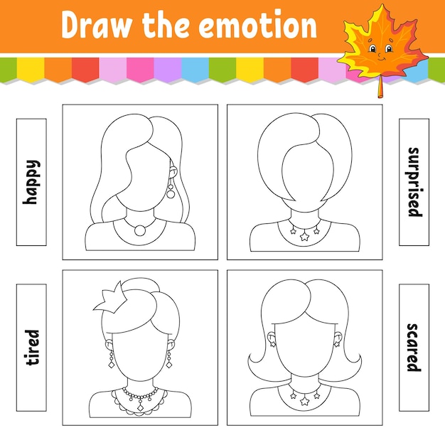 Draw the emotion Worksheet complete the face Coloring book for kids Cheerful character Black contour silhouette