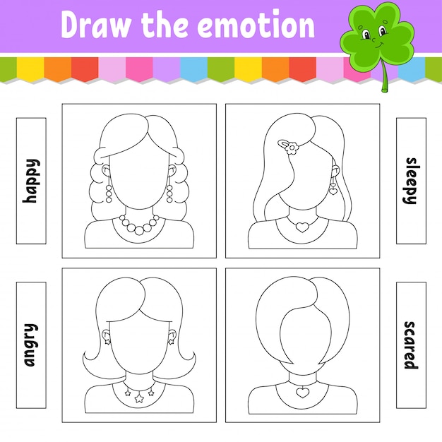 Draw the emotion. worksheet complete the face. coloring book for kids. cheerful character.