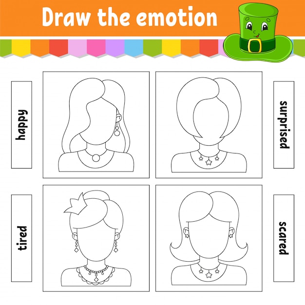 Draw the emotion. Worksheet complete the face. Coloring book for kids. Cheerful character.