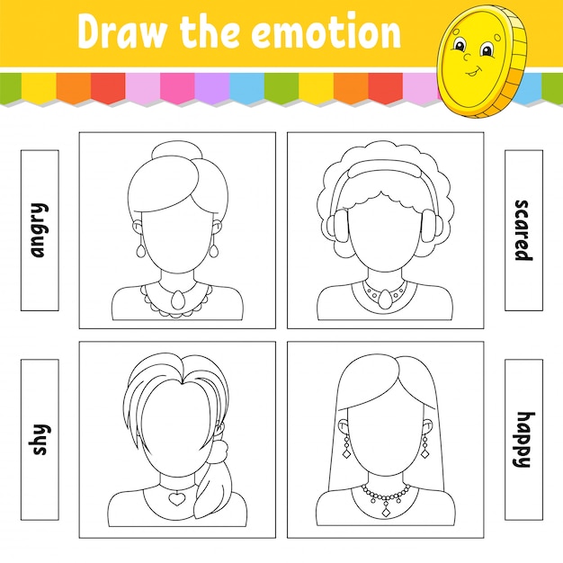 Draw the emotion. worksheet complete the face. coloring book for kids.