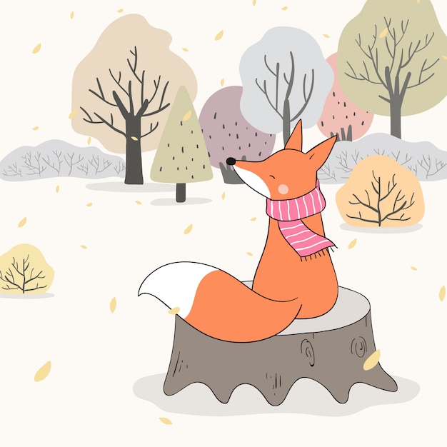Draw fox sitting on wood in forest fall autumn.
