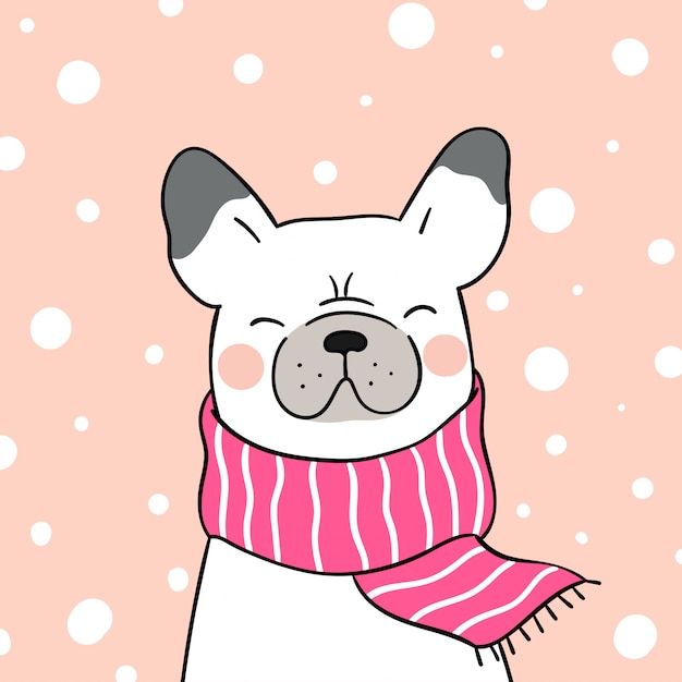 Disegna bulldog francese con sciarpa rosa nella neve per natale.