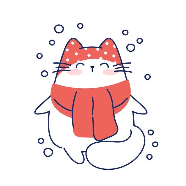 Draw funny cat for christmas and winter vector illustration character collection funny cat for Christmas and New year Doodle cartoon style