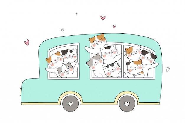 Vector draw funny cat in green pastel bus