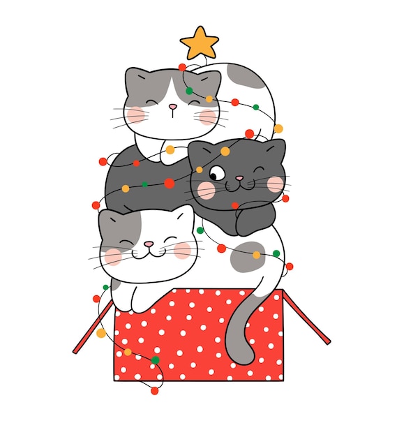 クリスマスと新年のギフトボックスで眠っている面白い猫を描く