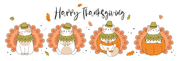 Нарисуй забавных кошек в тыкве на День Благодарения, индейка, каваи, кошка с тыквой на День Благодарения и осенне-осеннюю векторную иллюстрацию, коллекция кошачьих персонажей, мультяшный стиль Doodle