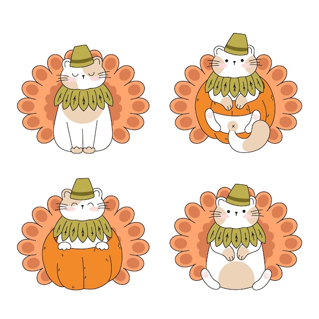 Draw funny cats in a thanksgiving pumpkin turkey kawaii cat with pumpkin for thanksgiving and autumn fall vector illustration cat character collection Doodle cartoon style