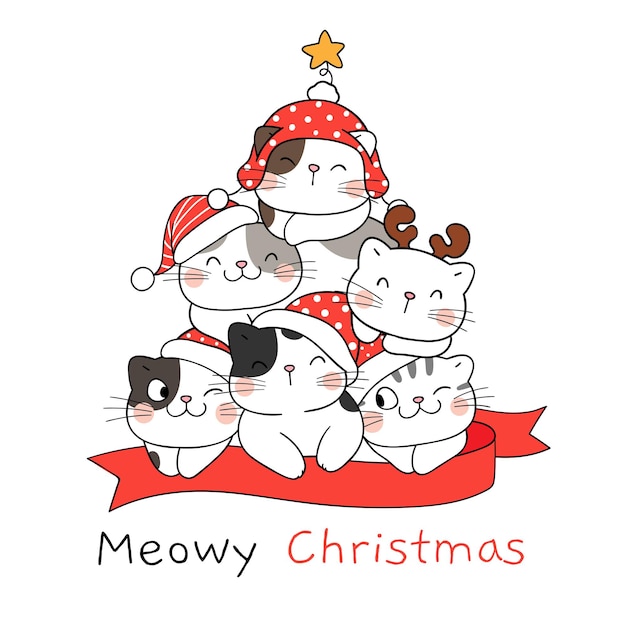 冬と新年のクリスマスツリーで面白い猫を描く
