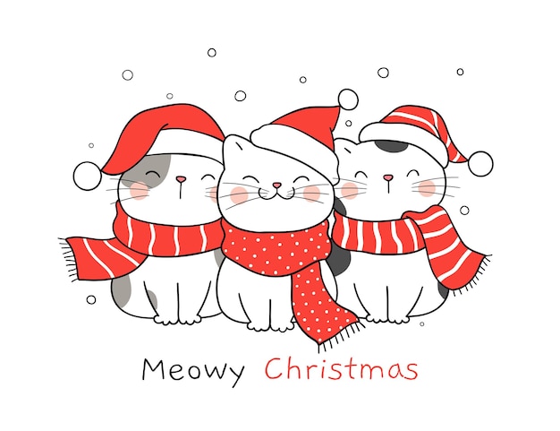 クリスマスと冬のスカーフで面白い猫を描く