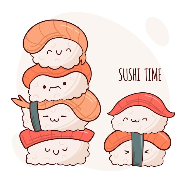 Draw funny kawaii nigiri sushi vector illustration Japanese asian traditional food cooking menu concept Doodle cartoon style