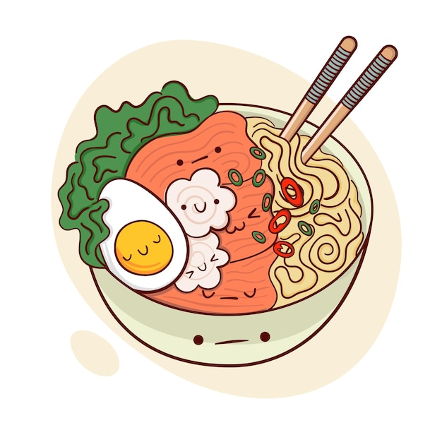 ベクトル 面白いかわいいラーメン スープをボウルのベクトル図に描く日本アジアの伝統的な料理メニュー コンセプト落書き漫画スタイル