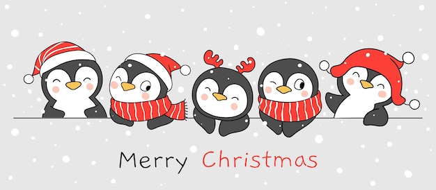 ベクトル クリスマスと冬に面白いペンギンを描く