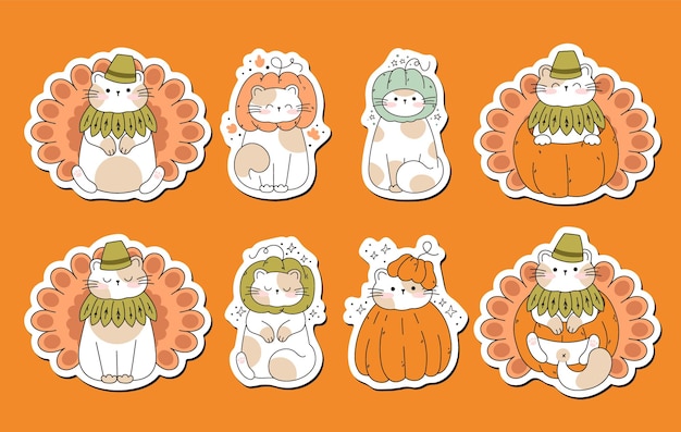 Disegna adesivi divertenti con gatti in una zucca del ringraziamento tacchino kawaii gatto con zucca per il ringraziamento e autunno autunno illustrazione vettoriale collezione di personaggi gatto doodle stile cartone animato