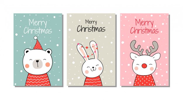 Vector draw greeting card animal in snow for christmas and new year.