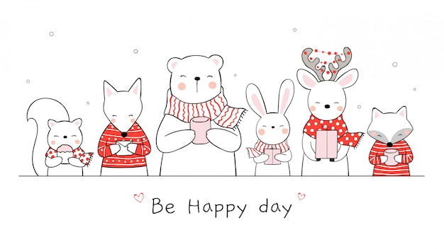 Draw happy animal on white for christmas day and new year.