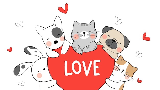 Vettore disegna animali felici gatto cane coniglietto con cuore per san valentino