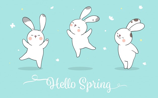 Vector draw happy bunny on blue pastel for spring season.