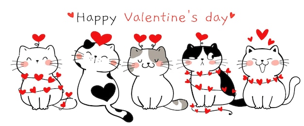 Draw happy cats with little heart for valentine day