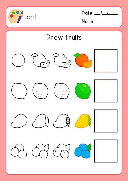 draw the line follow example fruit and coloring in art subject exercises sheet kawaii doodle vector