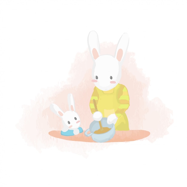 Draw mama rabbit cooking with kid