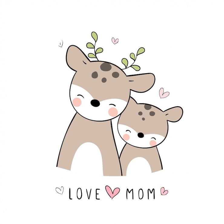 Vector draw mom deer and baby on white for mother's day.
