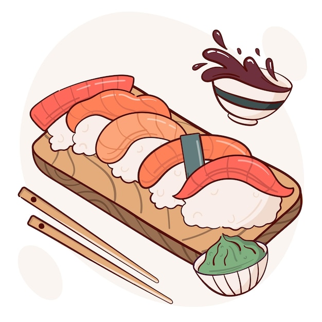 Draw nigiri sushi roll vector illustration Japanese asian traditional food cooking menu concept Doodle cartoon style