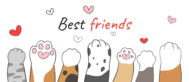 Draw paw animals cat dog with heart beat friends concept