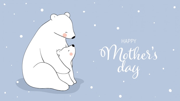 Disegna l'orso polare e il bambino sulla neve per la festa della mamma.