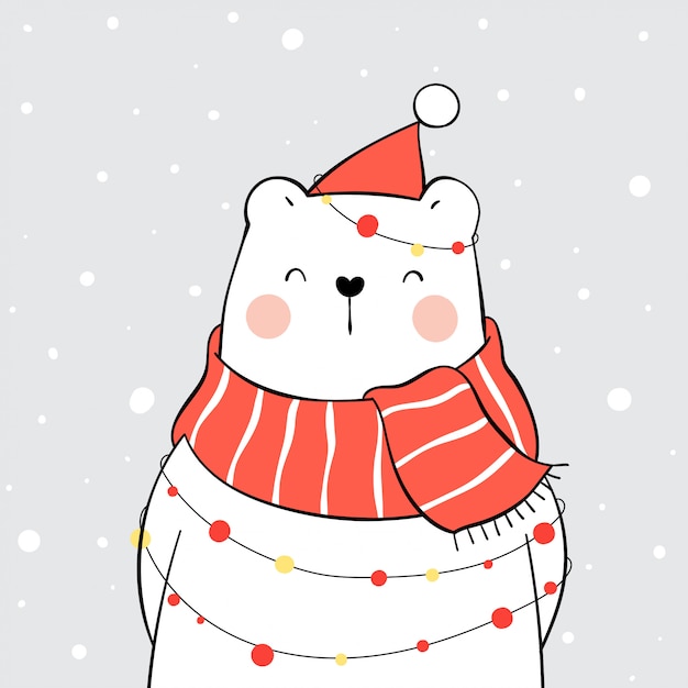 クリスマスには雪の中で赤いスカーフでシロクマを描きます。