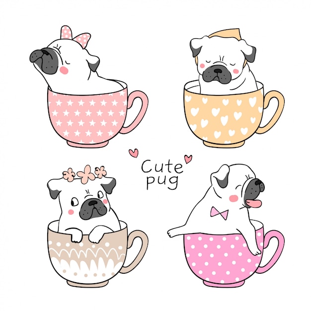 Draw pug dog in cup of tea