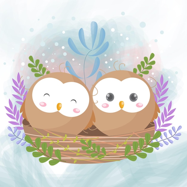 Draw a romantic and cute couple of owls with watercolor