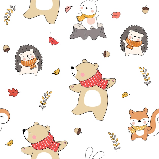 Draw seamless pattern animal in autumn