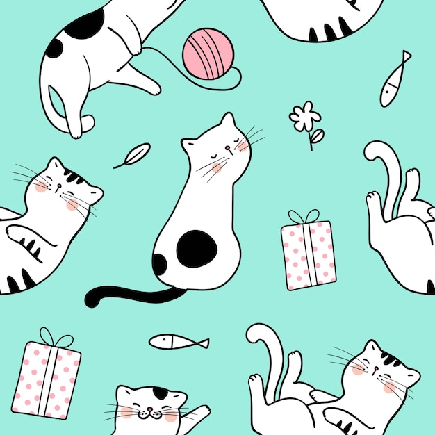 Draw seamless pattern background cute cat on green