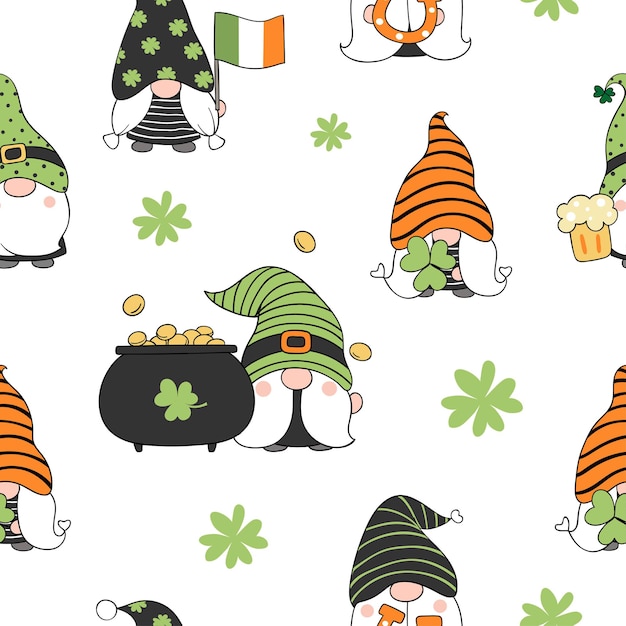 Draw seamless pattern background gnome for st patrick day doodle style