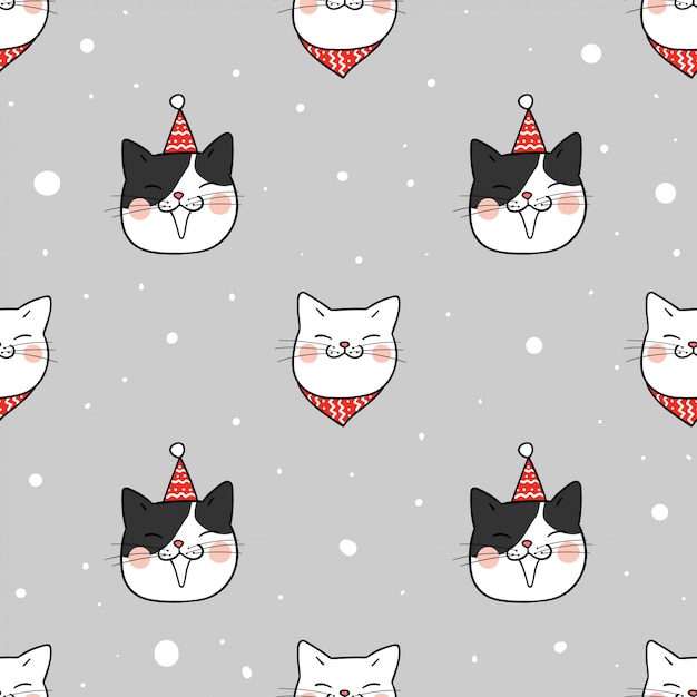 Draw seamless pattern cute cat in snow for winter season