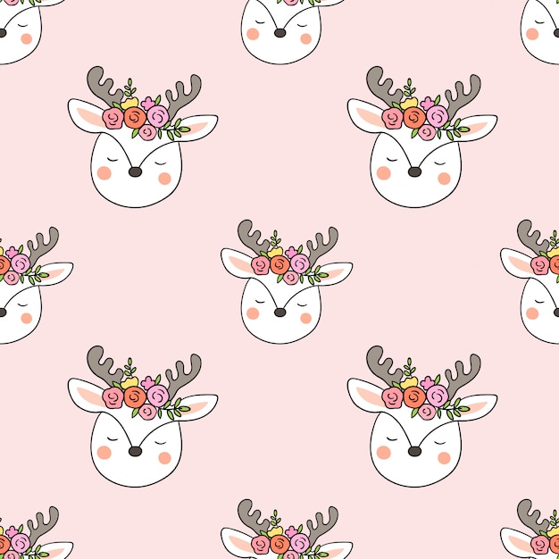 Draw seamless pattern deer with flower on head.