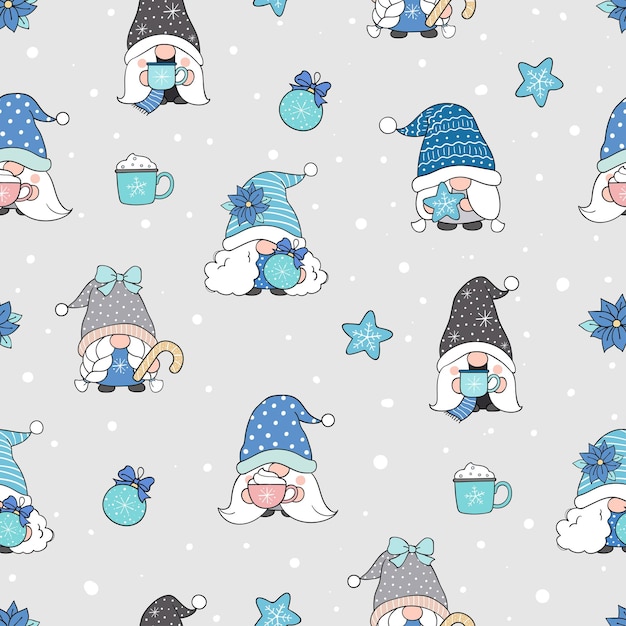 Vector draw seamless pattern gnome in snow for christmas and winter