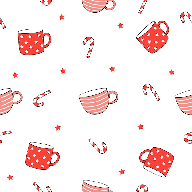 コーヒーと紅茶のシームレスなパターン赤カップを描く