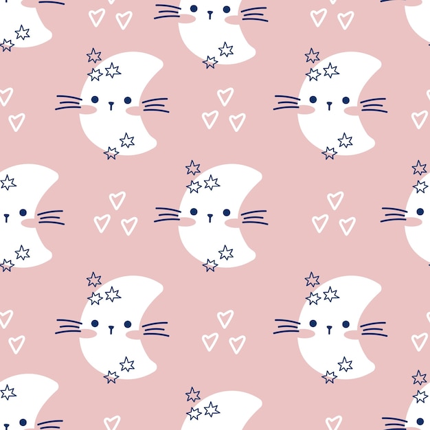 Draw seamless pattern with cute cats faces on pink pastel background Doodle cartoon style