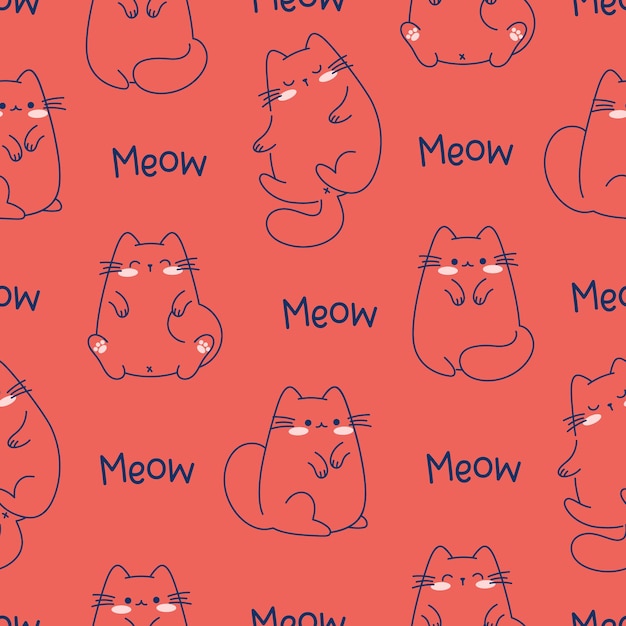 Draw seamless pattern with cute cats on red background Doodle cartoon style